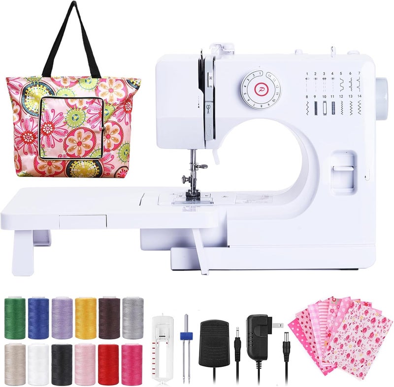 Dechow Sewing Machine for Beginners, Electric Mini Portable, 14 Built-in Stitches with Reverse Sewing, 2 Speeds Double Thread with Foot Pedal, Storage Bag, Cotton Fabric and Threads- Extension Table - Image 1
